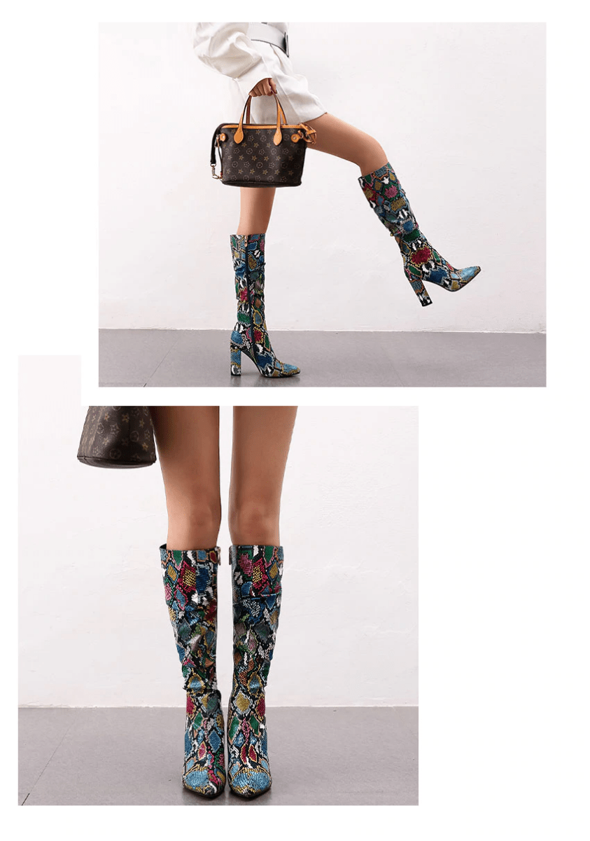 Colorful Snake Skin High Heel Thick Pointed Toe Zip Pleated Boots - Necessary Clothing