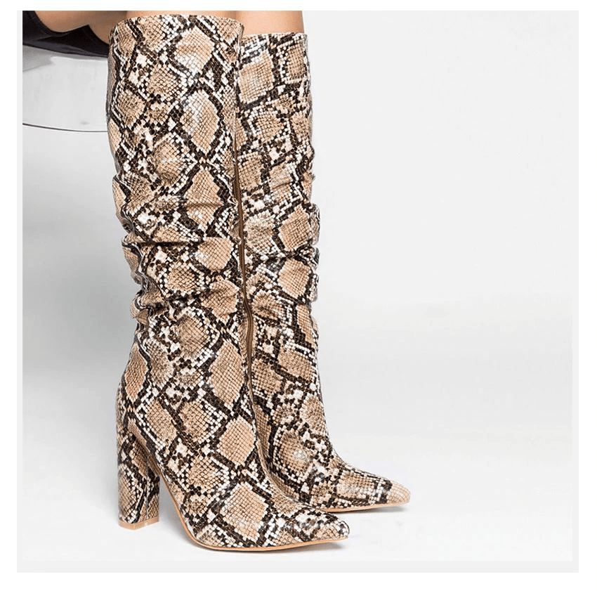 Colorful Snake Skin High Heel Thick Pointed Toe Zip Pleated Boots - Necessary Clothing