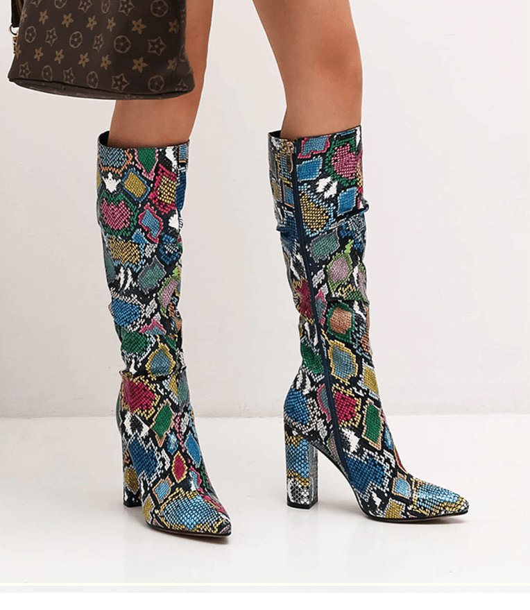 Colorful Snake Skin High Heel Thick Pointed Toe Zip Pleated Boots - Necessary Clothing