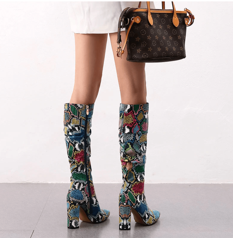 Colorful Snake Skin High Heel Thick Pointed Toe Zip Pleated Boots - Necessary Clothing