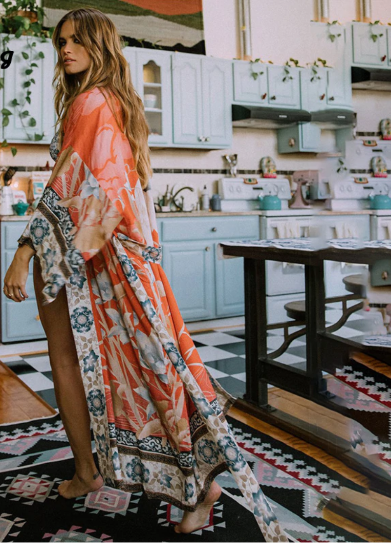 Kimono Orange Print Floral Loose Long Cardigan - Necessary Clothing Store
