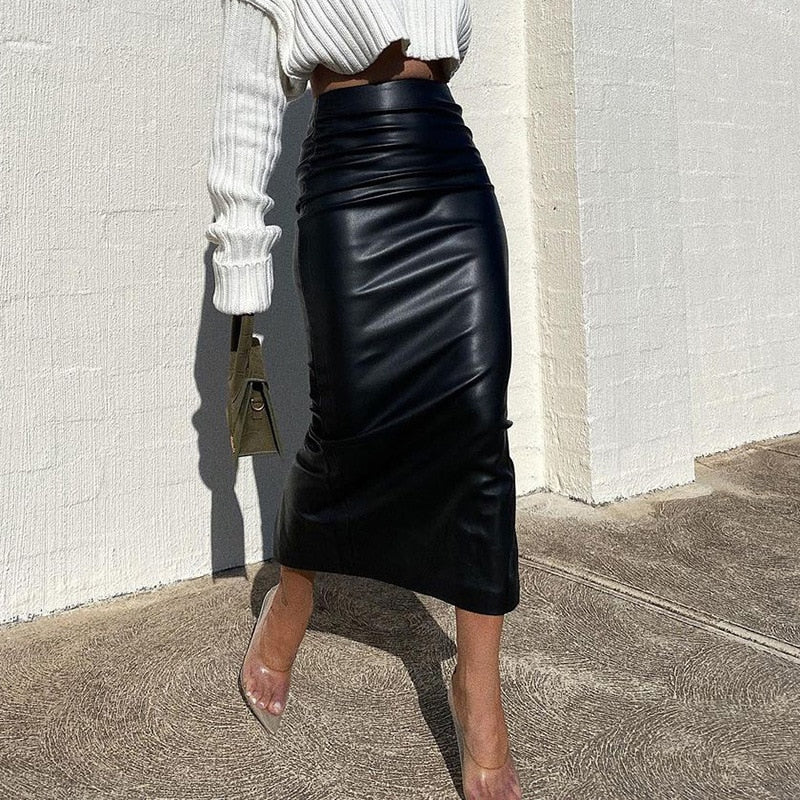 Elegant Office Lady Shining Leather Skirt - Necessary Clothing