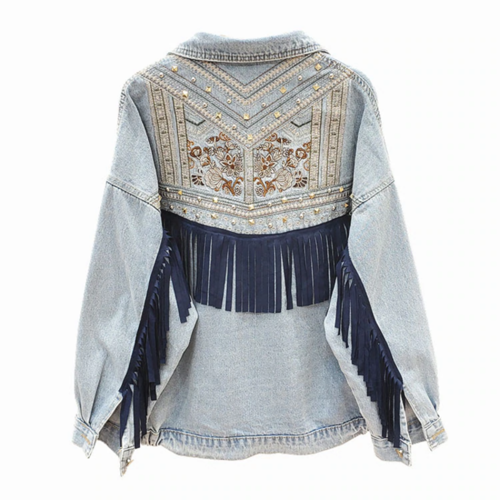 Denim Embroidery Suede Fringe Loose Long Sleeve Jacket - Necessary Clothing Store