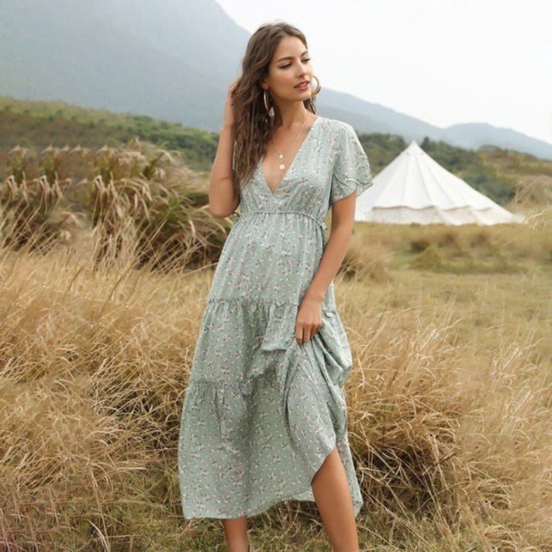 Floral Long Ruffle Short - Sleeve V - neck Dress - Necessary Clothing