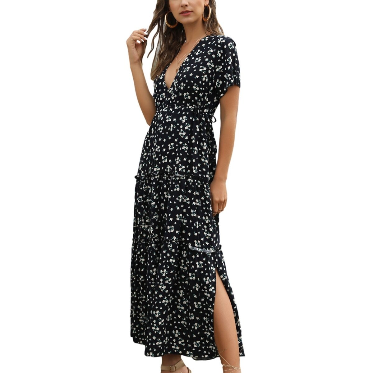Floral Long Ruffle Short - Sleeve V - neck Dress - Necessary Clothing