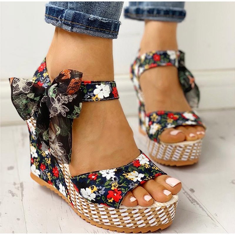 High Heels Ankle Strap Floral Wedge Sandals - Necessary Clothing