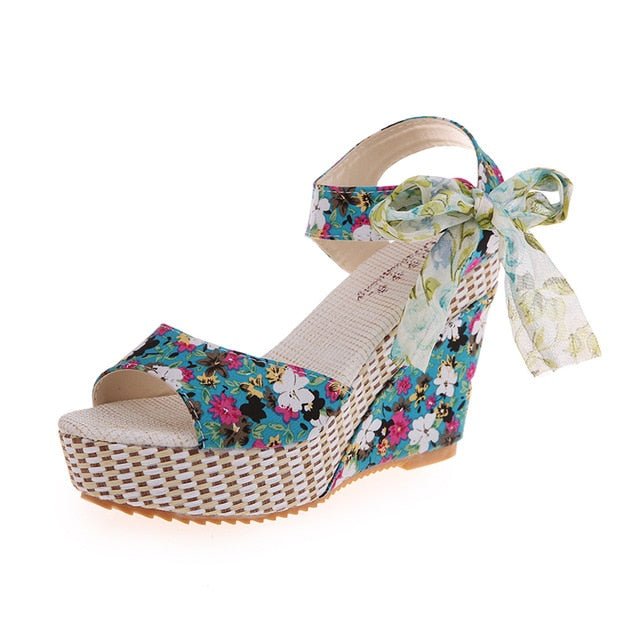 High Heels Ankle Strap Floral Wedge Sandals - Necessary Clothing