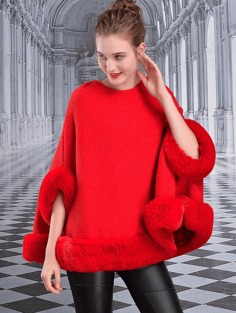 Lamb Fur Cape Faux Rabbit Fur Shawl Cape Loose Warm Cardigan Poncho - Necessary Clothing
