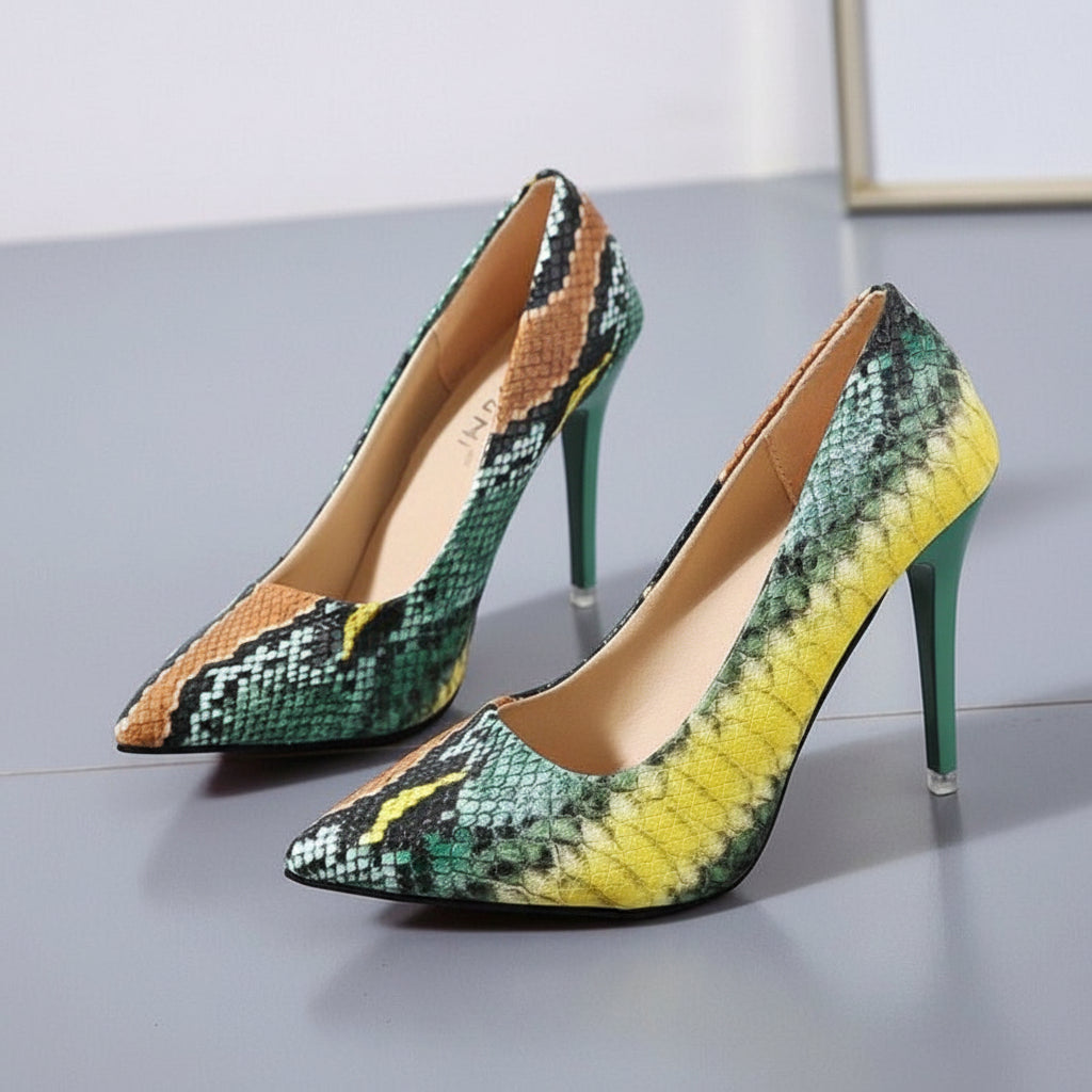 Leather Pointed Toe Snake High Heel Pumps - Necessary Clothing