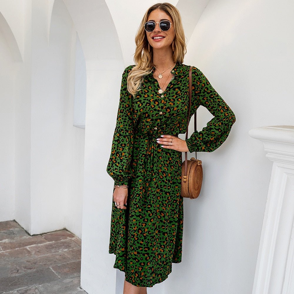 Leopard Print Long - Sleeved Mid - Length Dress - Necessary Clothing