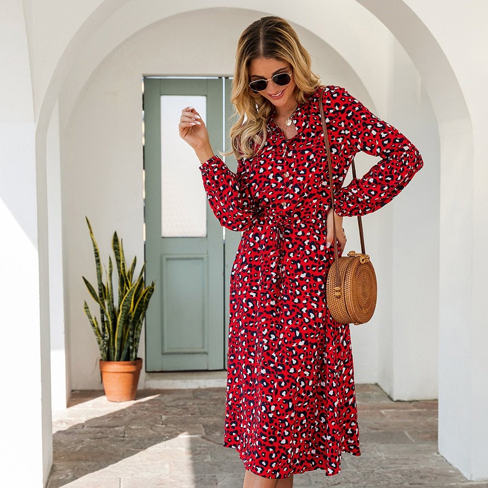 Leopard Print Long - Sleeved Mid - Length Dress - Necessary Clothing