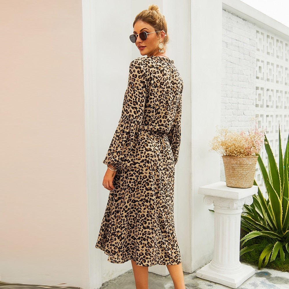 Leopard Print Long - Sleeved Mid - Length Dress - Necessary Clothing