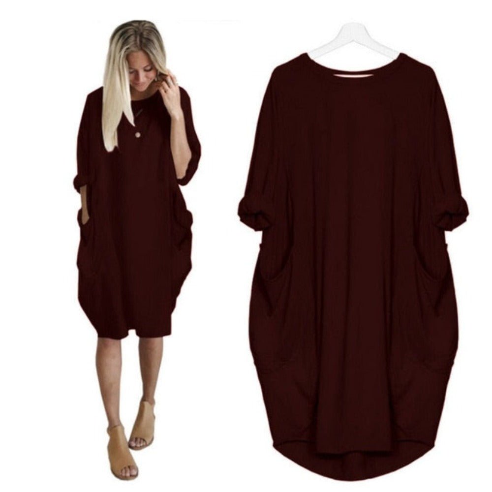 Long Loose O Neck Dress with Pocket - Necessary Clothing