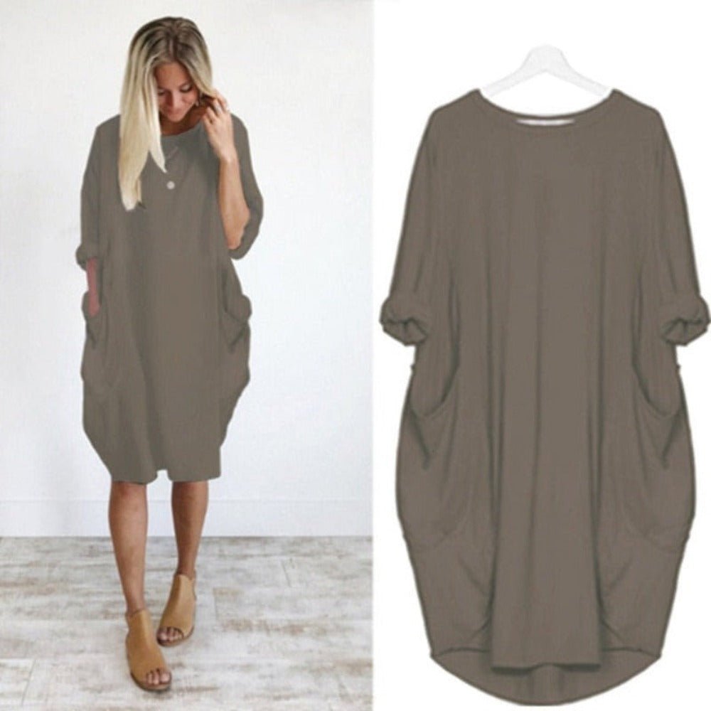 Long Loose O Neck Dress with Pocket - Necessary Clothing
