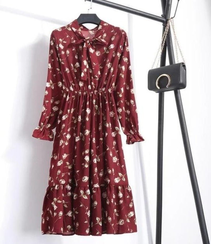 Long Sleeve Chiffon A - line Midi Bow Floral Shirt Dress - Necessary Clothing