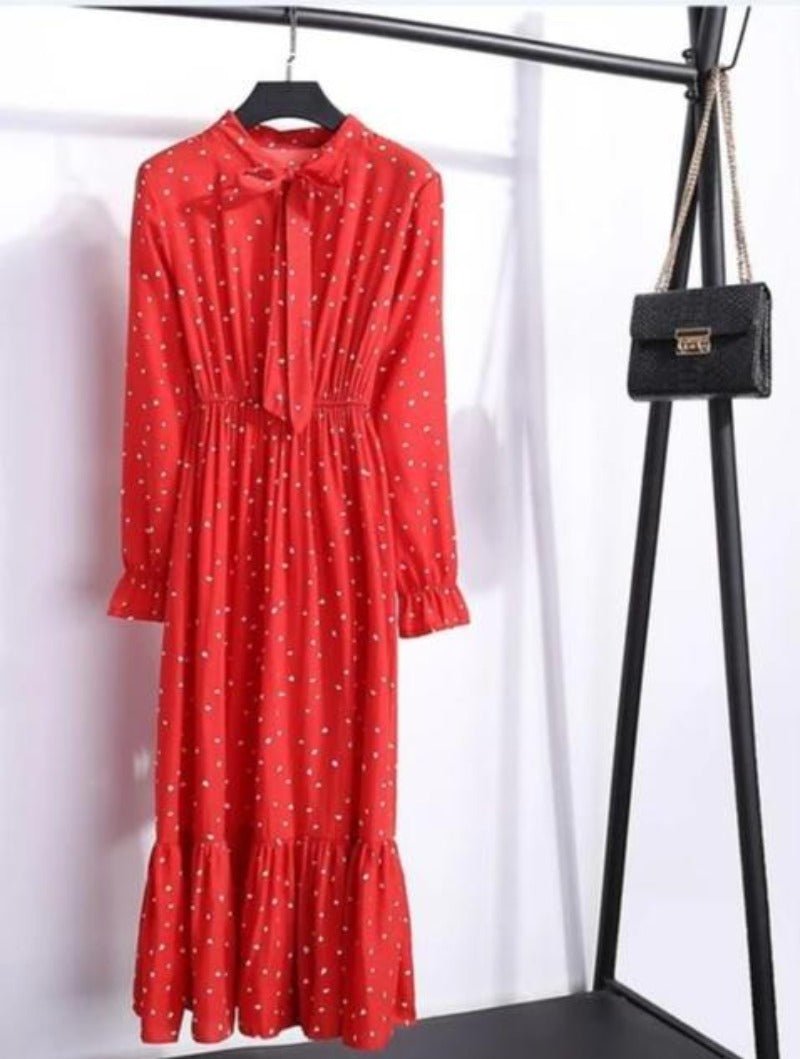 Long Sleeve Chiffon A - line Midi Bow Floral Shirt Dress - Necessary Clothing