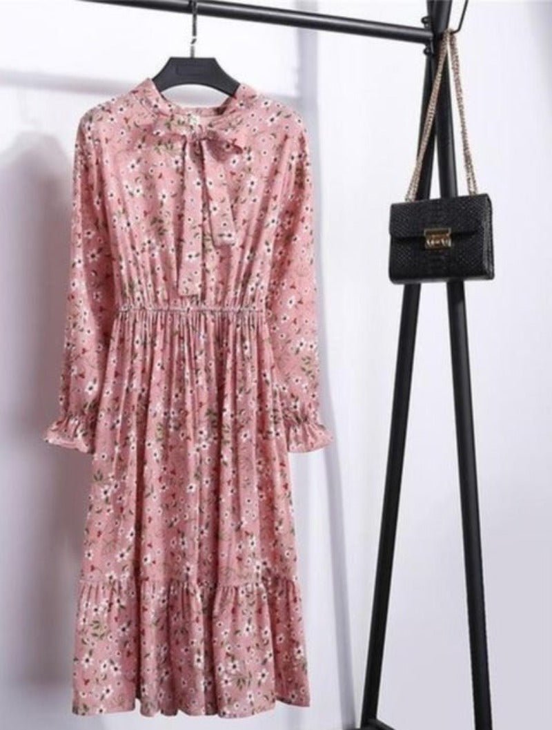 Long Sleeve Chiffon A - line Midi Bow Floral Shirt Dress - Necessary Clothing