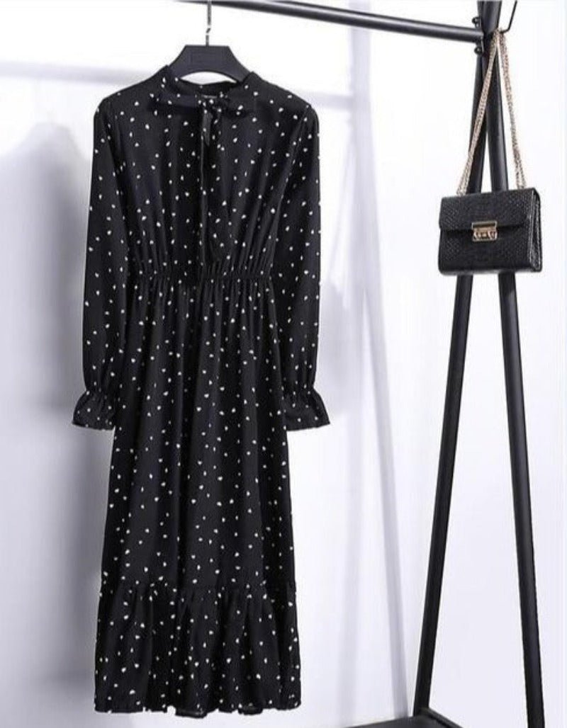 Long Sleeve Chiffon A - line Midi Bow Floral Shirt Dress - Necessary Clothing