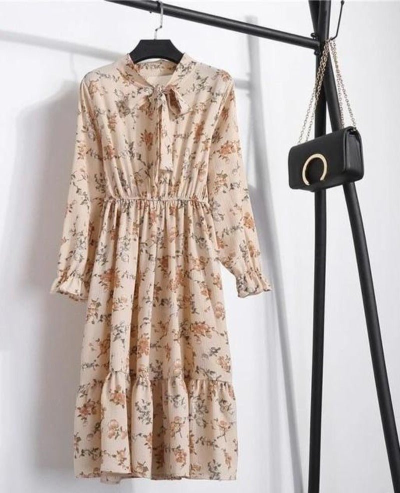Long Sleeve Chiffon A - line Midi Bow Floral Shirt Dress - Necessary Clothing