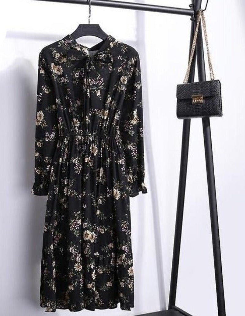 Long Sleeve Chiffon A - line Midi Bow Floral Shirt Dress - Necessary Clothing