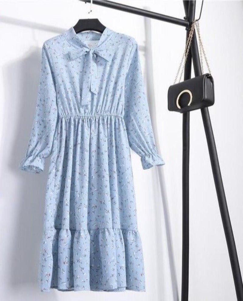 Long Sleeve Chiffon A - line Midi Bow Floral Shirt Dress - Necessary Clothing