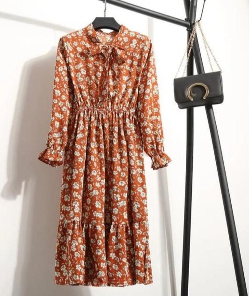 Long Sleeve Chiffon A - line Midi Bow Floral Shirt Dress - Necessary Clothing