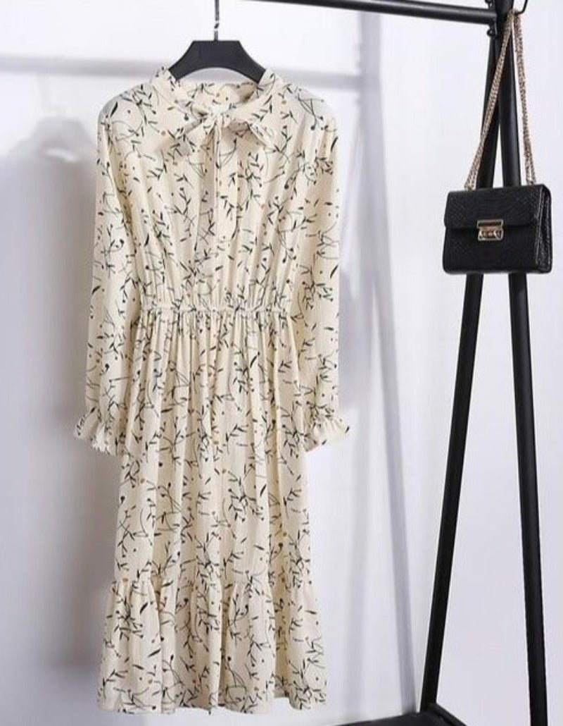Long Sleeve Chiffon A - line Midi Bow Floral Shirt Dress - Necessary Clothing
