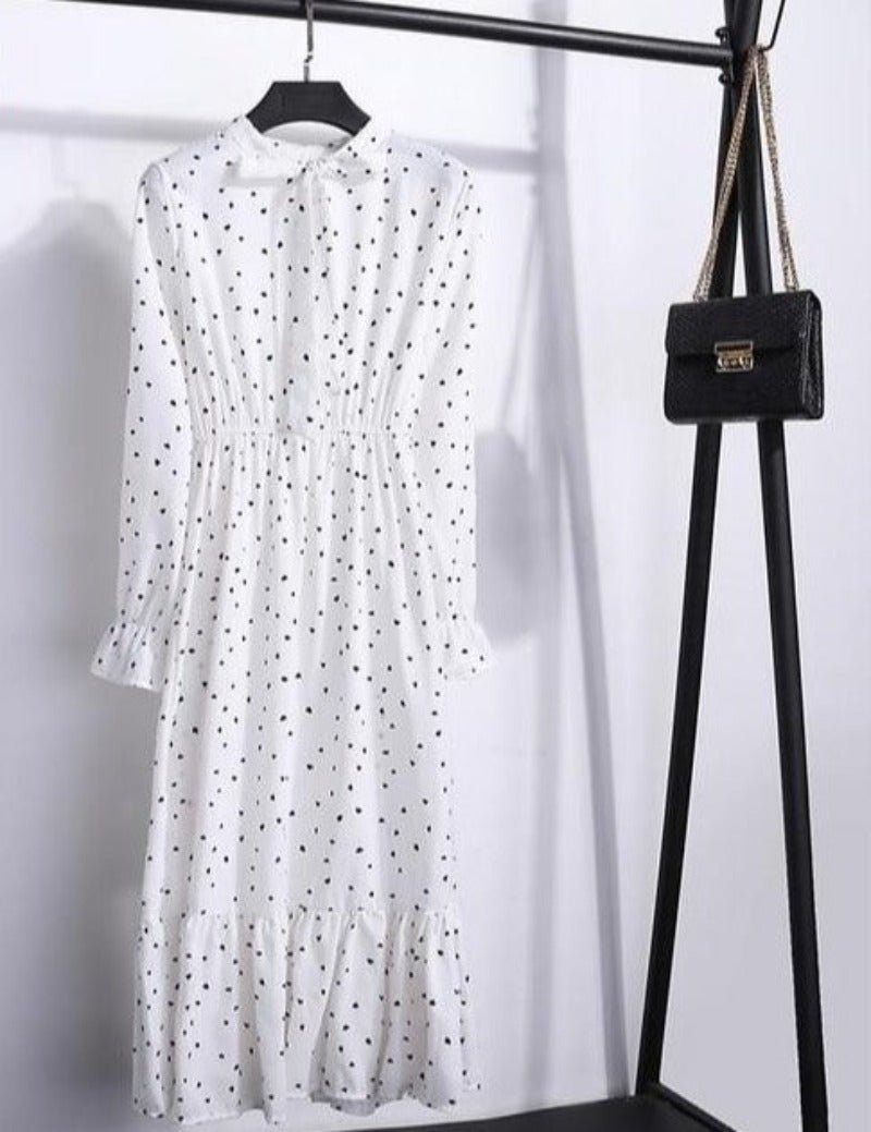 Long Sleeve Chiffon A - line Midi Bow Floral Shirt Dress - Necessary Clothing