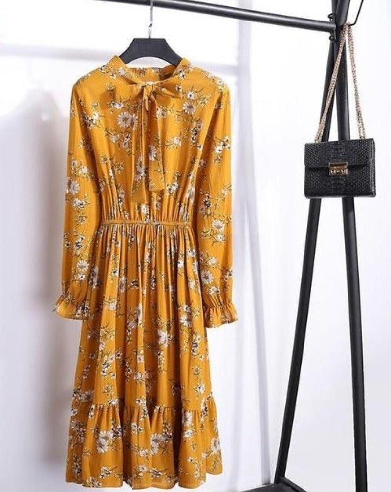 Long Sleeve Chiffon A - line Midi Bow Floral Shirt Dress - Necessary Clothing