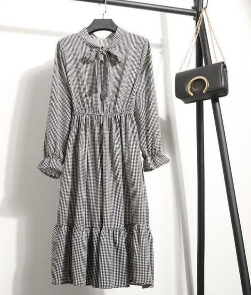 Long Sleeve Chiffon A - line Midi Bow Floral Shirt Dress - Necessary Clothing