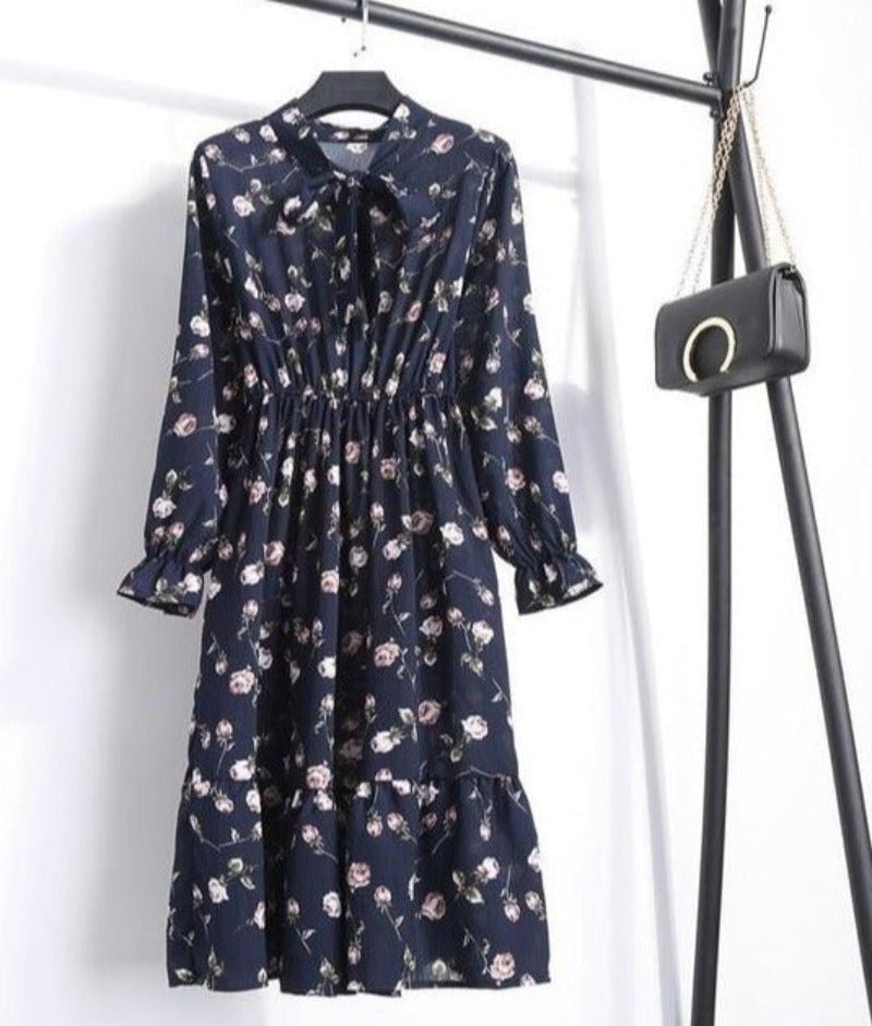 Long Sleeve Chiffon A - line Midi Bow Floral Shirt Dress - Necessary Clothing