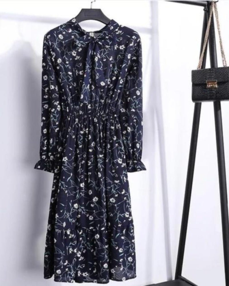 Long Sleeve Chiffon A - line Midi Bow Floral Shirt Dress - Necessary Clothing
