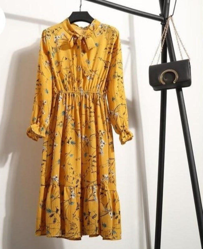Long Sleeve Chiffon A - line Midi Bow Floral Shirt Dress - Necessary Clothing