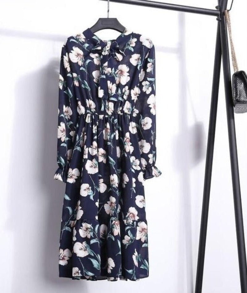 Long Sleeve Chiffon A - line Midi Bow Floral Shirt Dress - Necessary Clothing