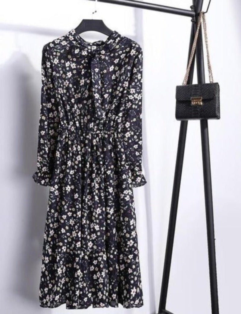Long Sleeve Chiffon A - line Midi Bow Floral Shirt Dress - Necessary Clothing
