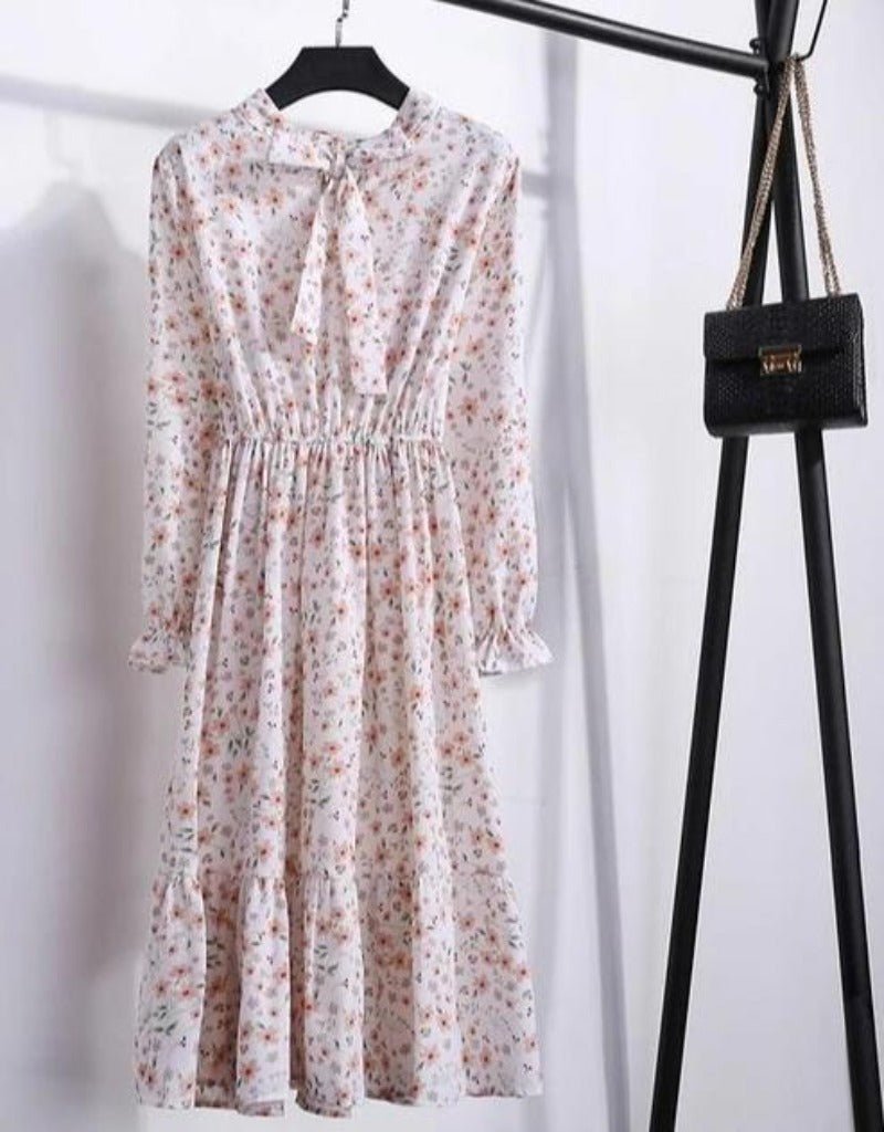 Long Sleeve Chiffon A - line Midi Bow Floral Shirt Dress - Necessary Clothing