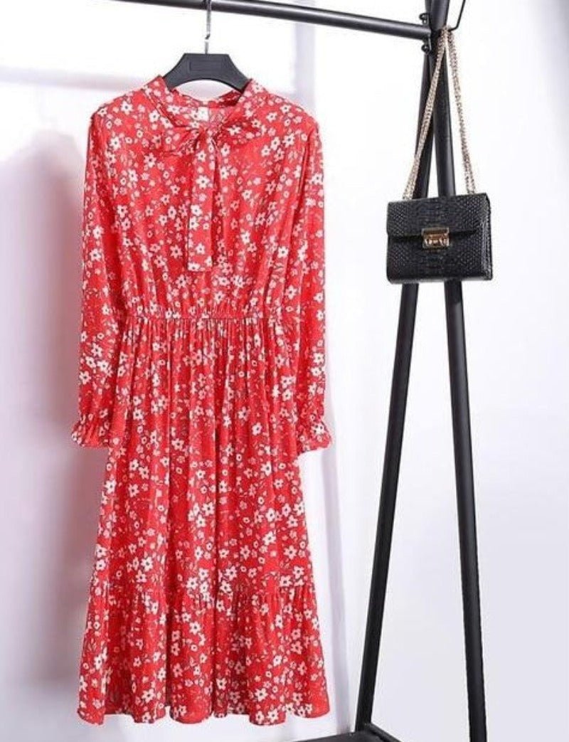 Long Sleeve Chiffon A - line Midi Bow Floral Shirt Dress - Necessary Clothing
