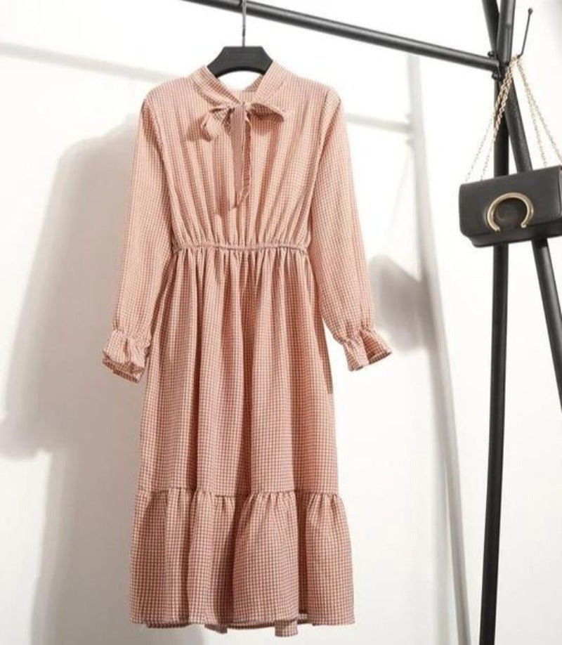 Long Sleeve Chiffon A - line Midi Bow Floral Shirt Dress - Necessary Clothing