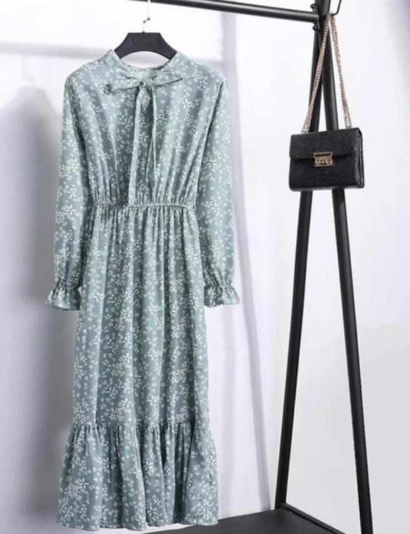Long Sleeve Chiffon A - line Midi Bow Floral Shirt Dress - Necessary Clothing