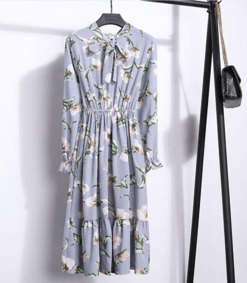 Long Sleeve Chiffon A - line Midi Bow Floral Shirt Dress - Necessary Clothing