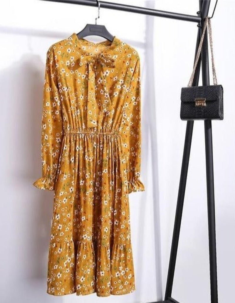 Long Sleeve Chiffon A - line Midi Bow Floral Shirt Dress - Necessary Clothing