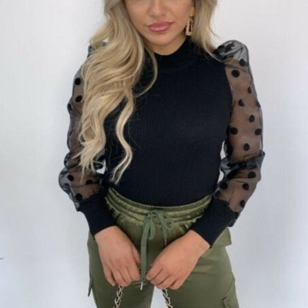 Long Sleeve Ribbed Knitted Loose Polka Dots Elegant Blouse - Necessary Clothing