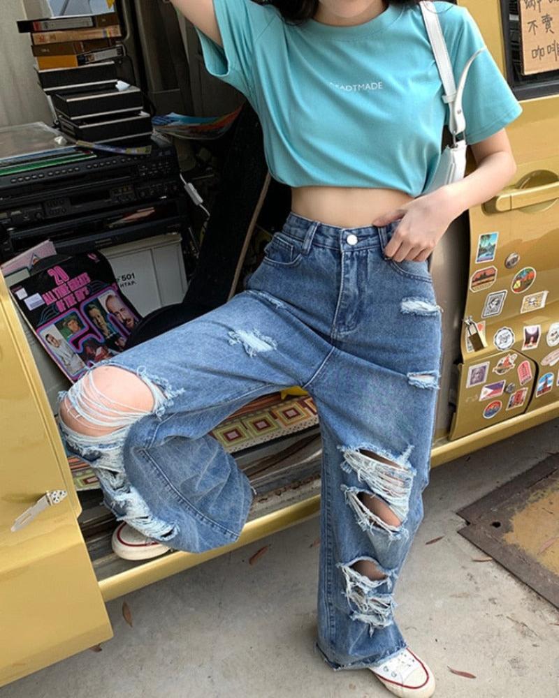 High Waist Loose Ripped Wide-Leg Jeans - Necessary Clothing