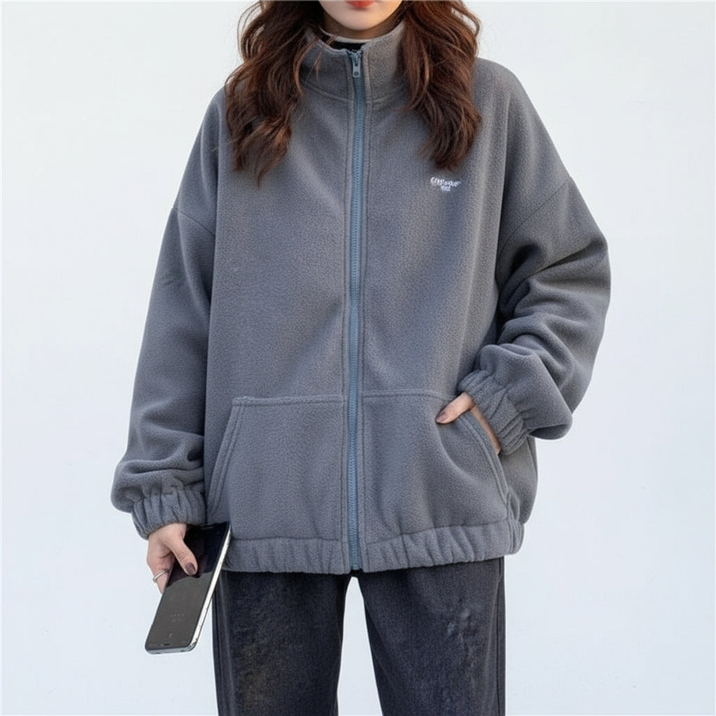 Loose Velvet Zip - up Pockets Streetwear Jacket - Necessary Clothing