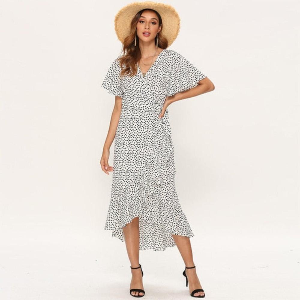Maxi Floral Print Ruffles Wrap CV - Neck Split Sexy Dress - Necessary Clothing