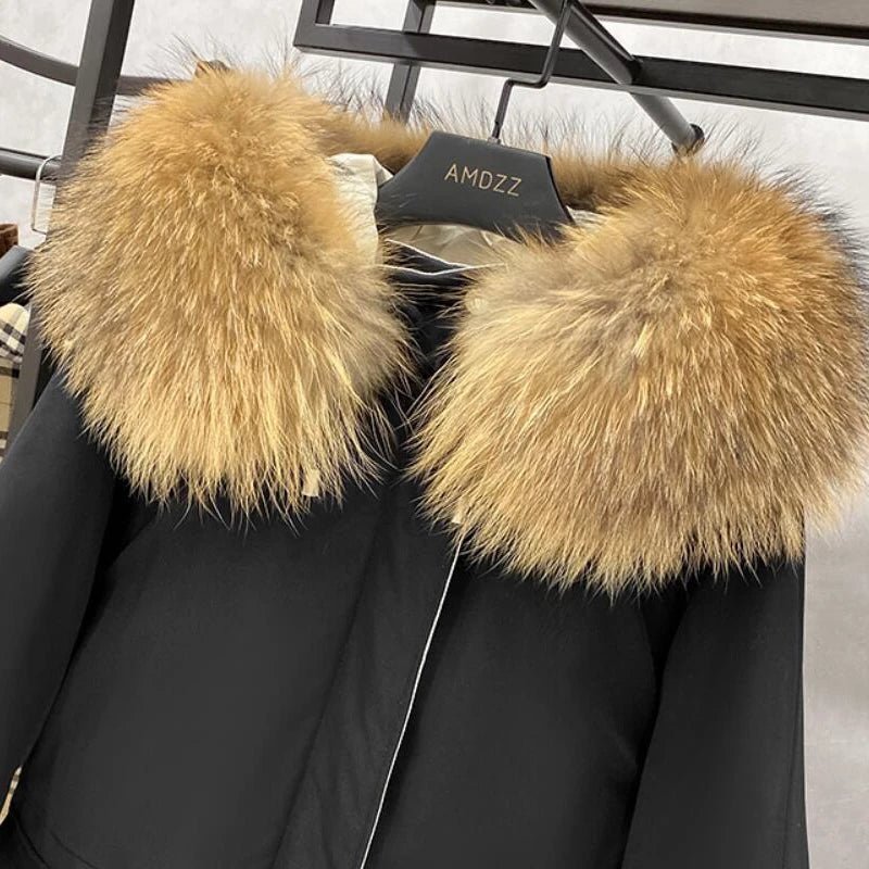 Natural Raccoon Fox Fur Hooded Down Coat Thick Warm Outerwear - Necessary Clothing
