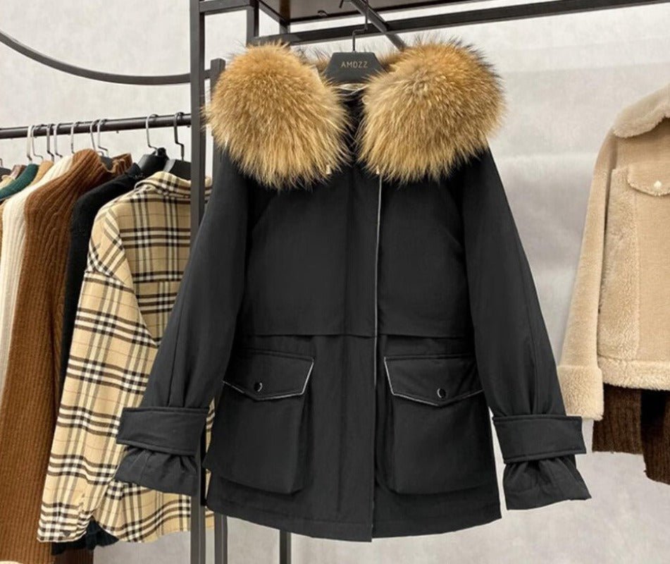 Natural Raccoon Fox Fur Hooded Down Coat Thick Warm Outerwear - Necessary Clothing
