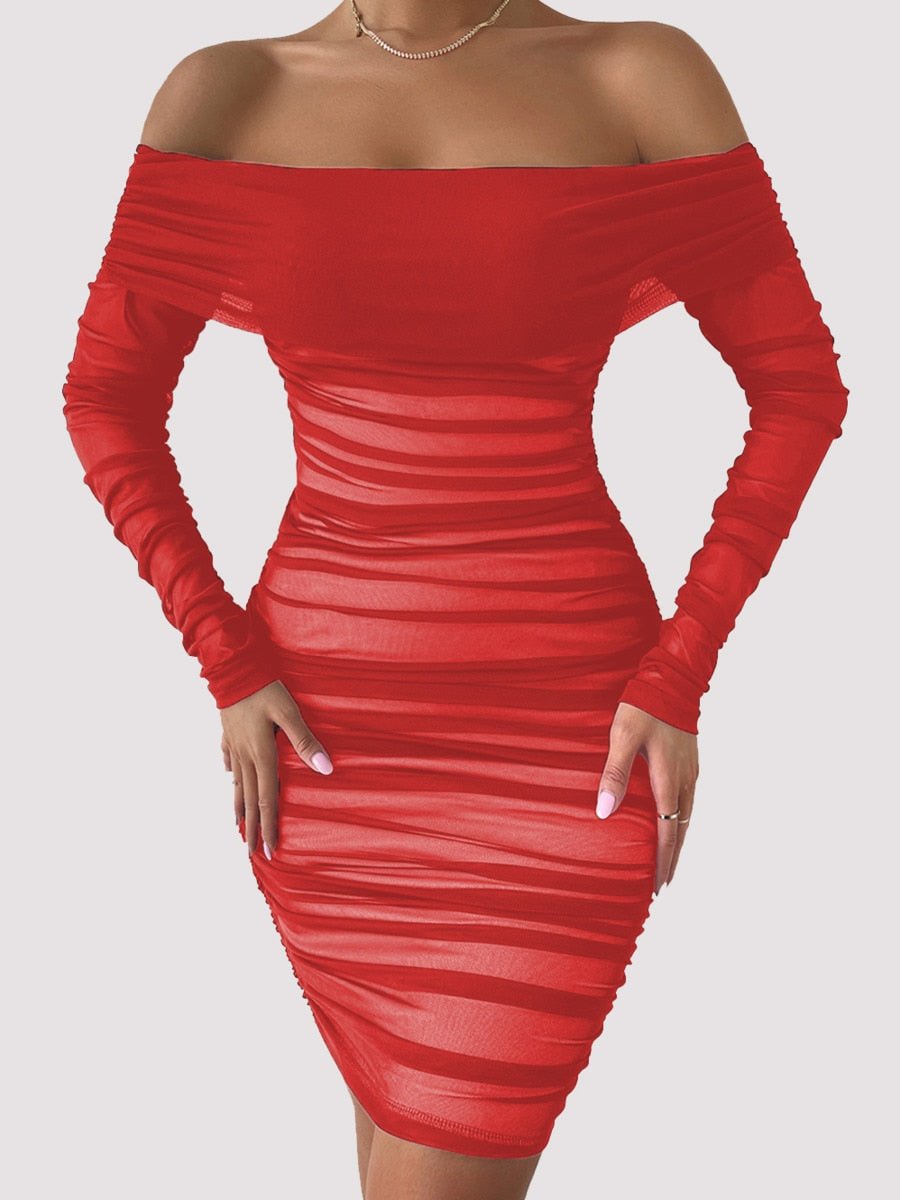 Off Shoulder Mesh Party Long Sleeve Dress - Necessary Clothing