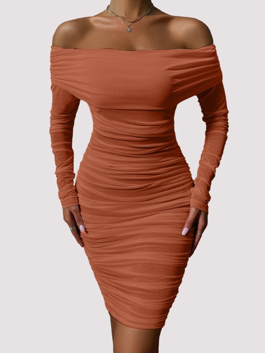 Off Shoulder Mesh Party Long Sleeve Dress - Necessary Clothing