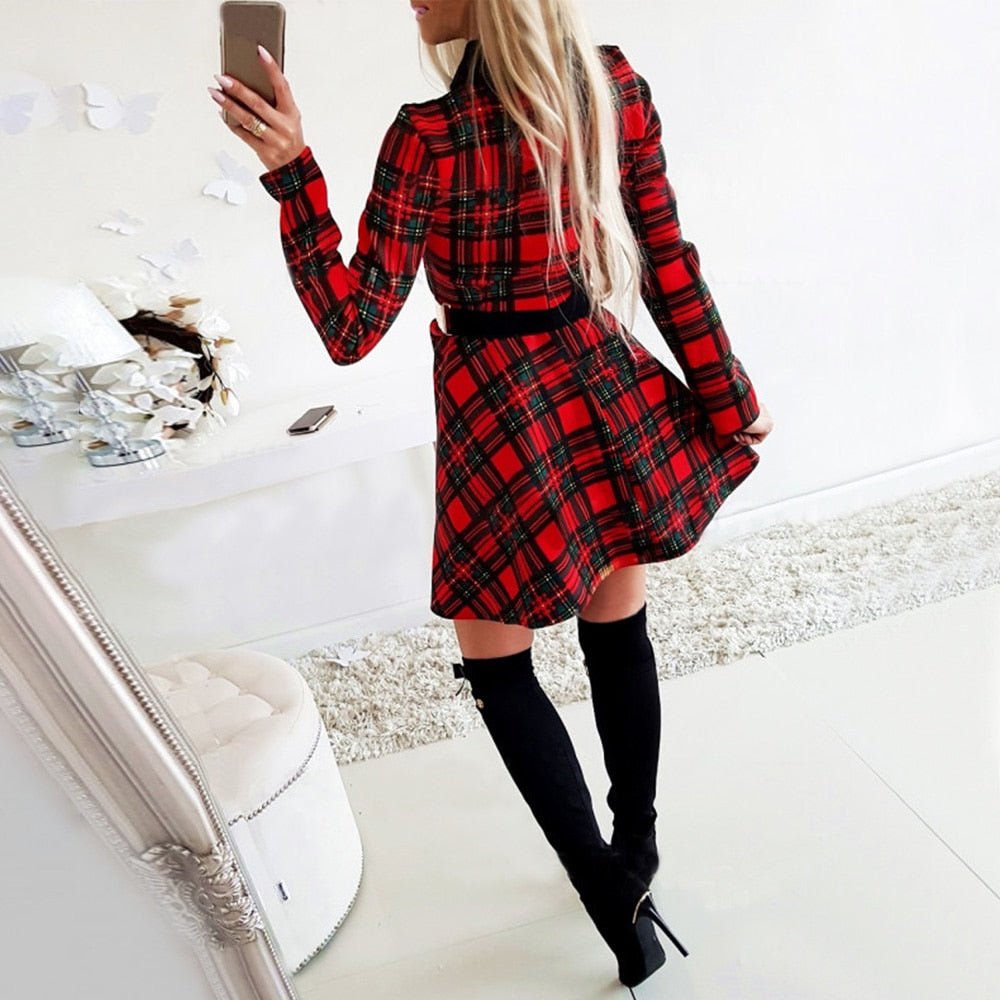Plaid Lace High Waist Charming Slim Long Sleeve Vestido Mini Dress - Necessary Clothing